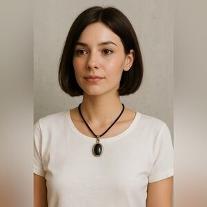 Vintage  black onyx & sterling silver pendant on braided rope necklace - Mexico.